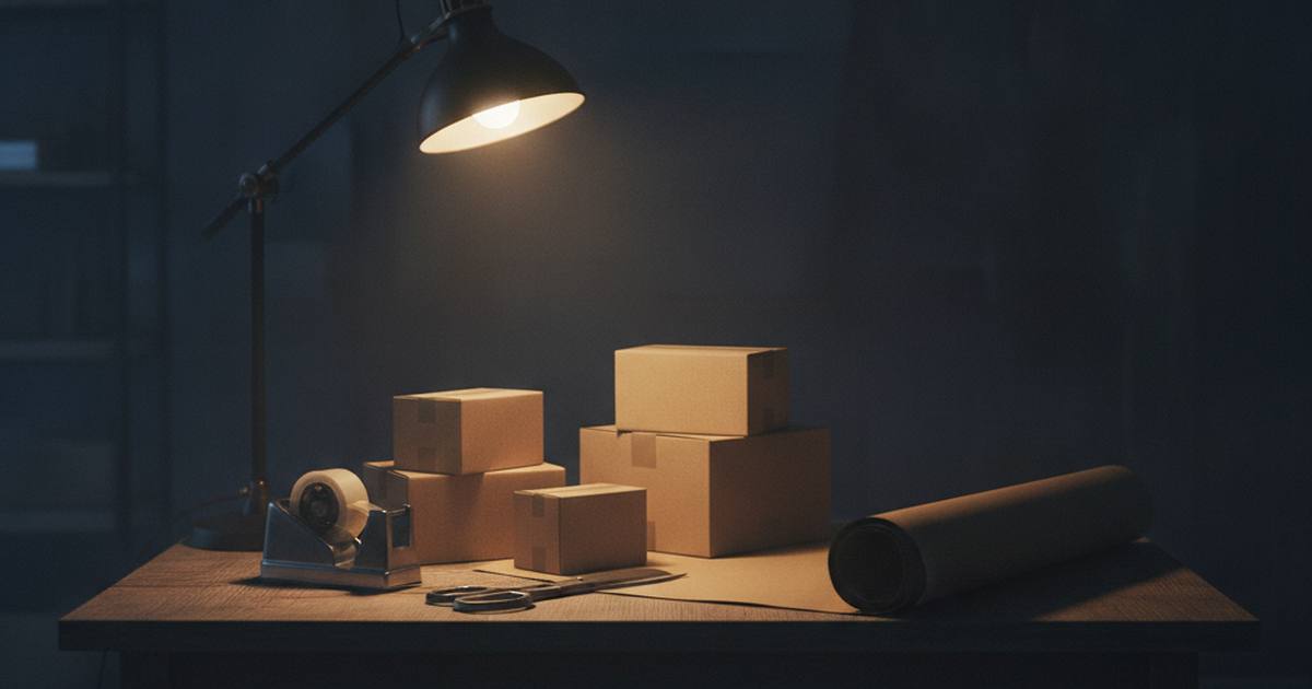 Small packing bench with plain boxes under a lamp