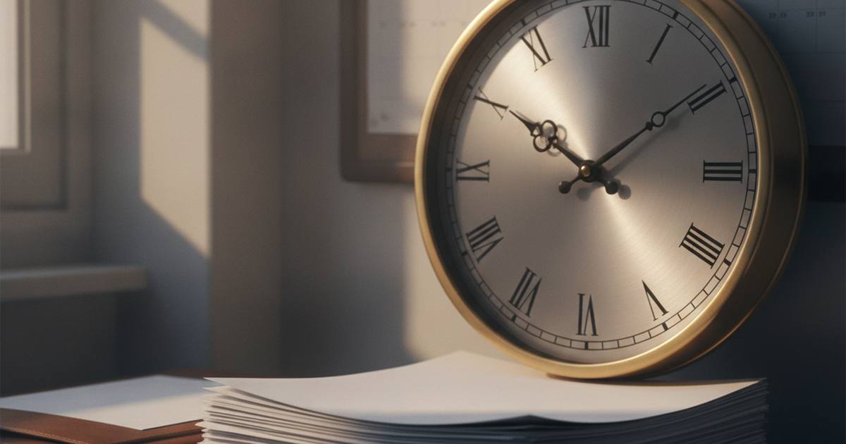 Wall clock beside a stack of documents
