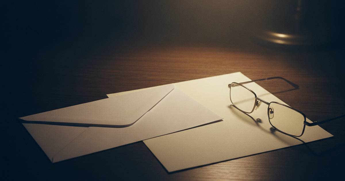 Two envelopes beside reading glasses under a lamp