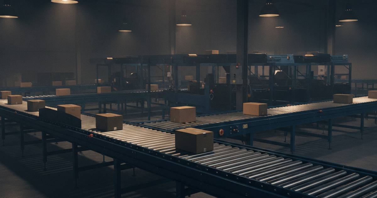 Parcels moving along a sortation conveyor at night