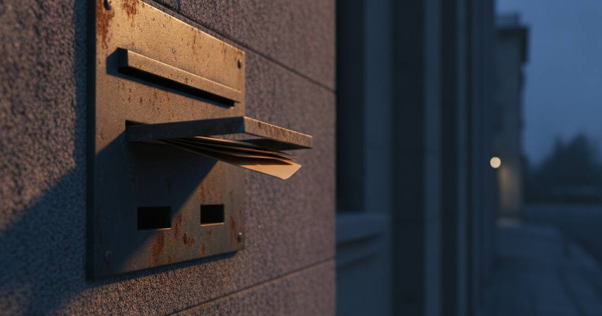 Letterbox slot on a stone government building at dusk