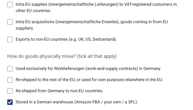Registration form for an example company: how goods physically move, with Stored in a German warehouse (Amazon FBA, your own or a 3PL) ticked